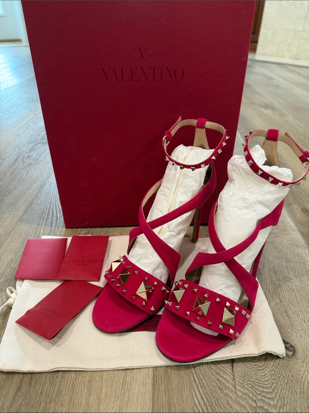Valentino Fuchsia Suede Rockstud Strappy High-Heel Sandals - Picture 1 of 5